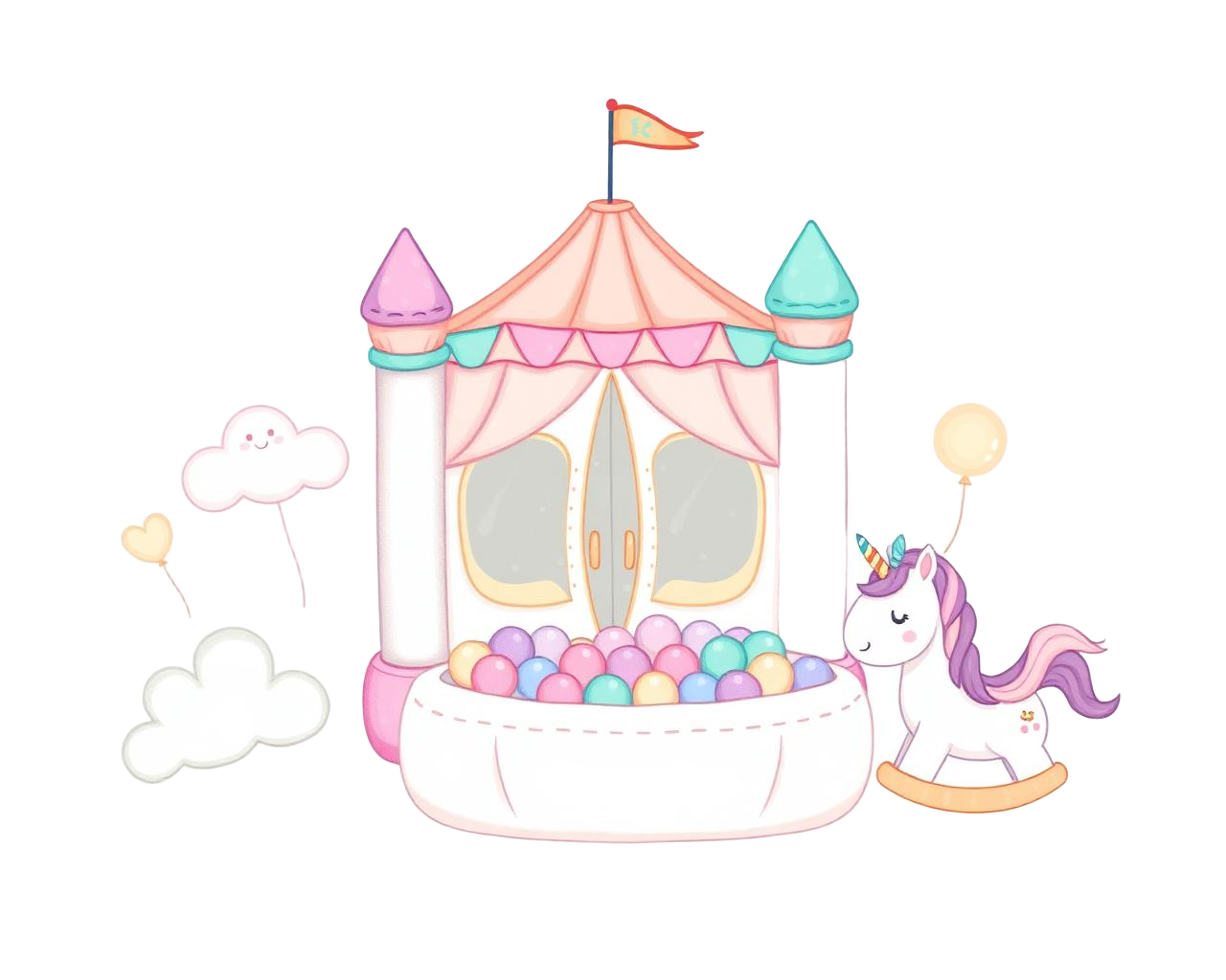 Pastel bounce house with ball pit and unicorn rocker
